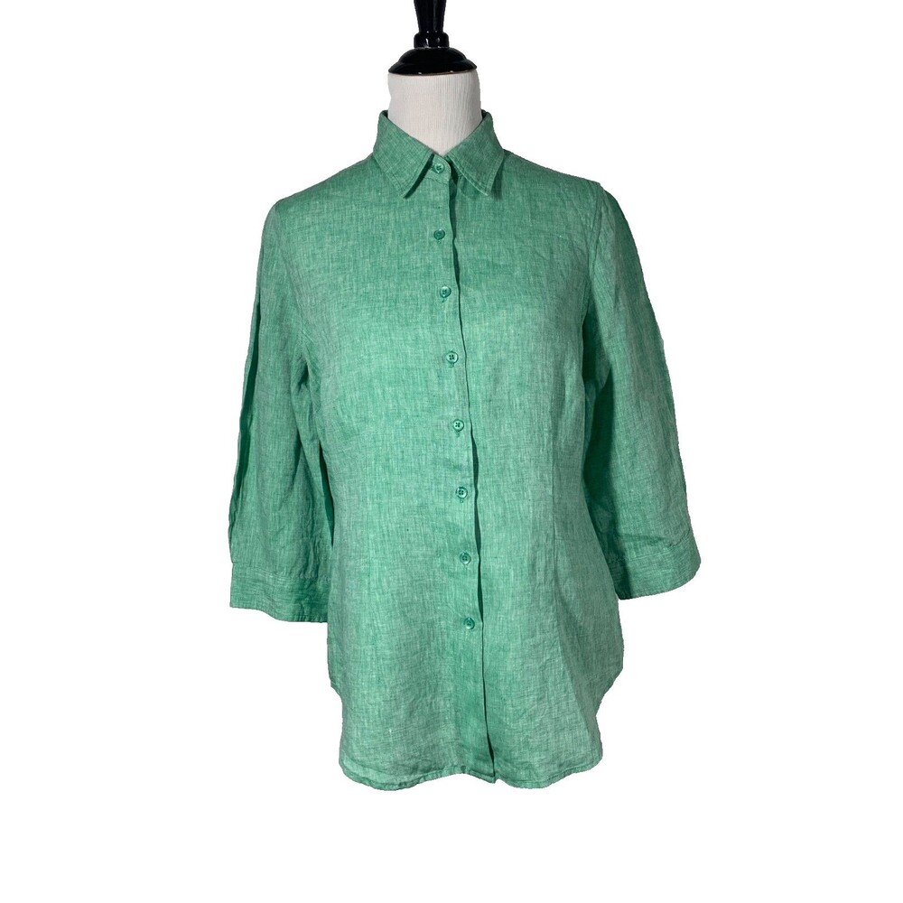 Coldwater Creek Green Linen Button Down Shirt Size M 3/4 Sleeve Coastal Beach